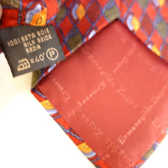 ERMENEGILDO ZEGNA Luxury Mens Red Wine Multicolor Tie Necktie 100% Silk Art Deco - Picture 6 of 10